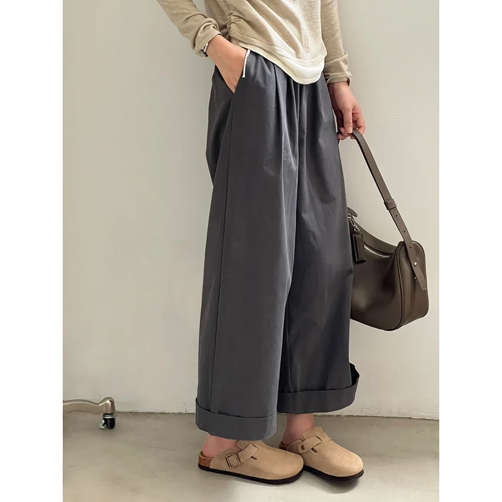 Loose Straight Leg Comfortable Pure Cotton Women's Pants Korean Style Cuffed Casual Slimming High Waist Vintage Spring Fashion