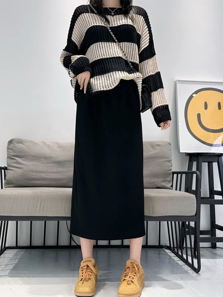 Black Asymmetrical High Waist A-Line Skirt for Women Autumn Winter plus Size Straight Cut Flowing Slimming Mid-Length Dress