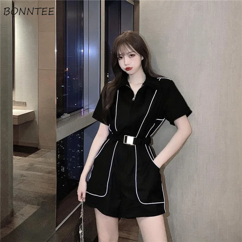 Rompers Women Black Cool Female Loose High Waist Zipper Striped Daily All Match Street Leisure Chic Harajuku Vintage Wide Leg