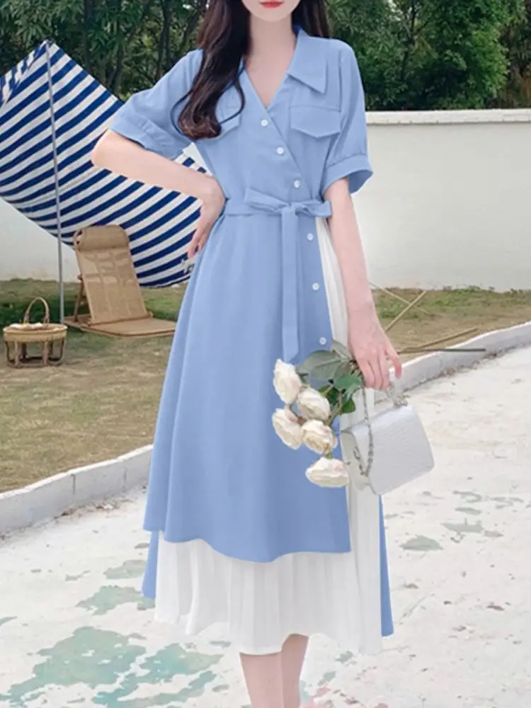 ZANZEA Abiti da festa eleganti Donna Estate Risvolto Patchwork di colore Camicia lunga Abiti con cintura Casual Ufficio Manica corta Midi Robe