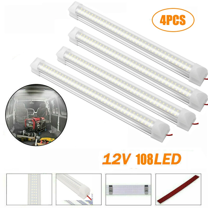 4PCS Car Interior Light Strip Bar 108 LED 6500K White Strip Lamp with ON/OFF Switch for Truck Caravan Boat Home