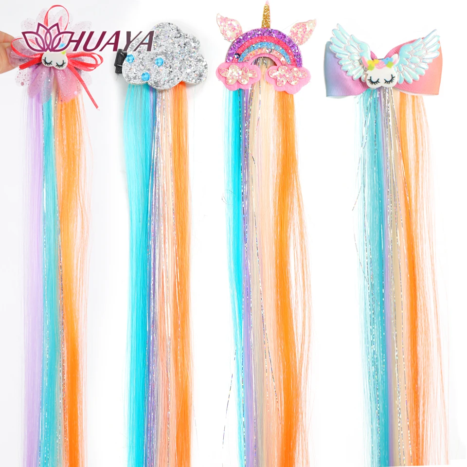 Synthetic Girls Colorful Wigs Unicorn Ponytail Hair Clips Headwear Braid Kids Gift Accessories Kids Rainbow Hair Clip