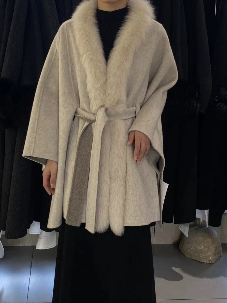 OFTBUY Damenmantel aus 100 % lockerer Wolle, Poncho-Cape-Jacke mit Gürtel und echtem Fuchspelzkragen, warme, elegante Winteroberbekleidung – Detail 10