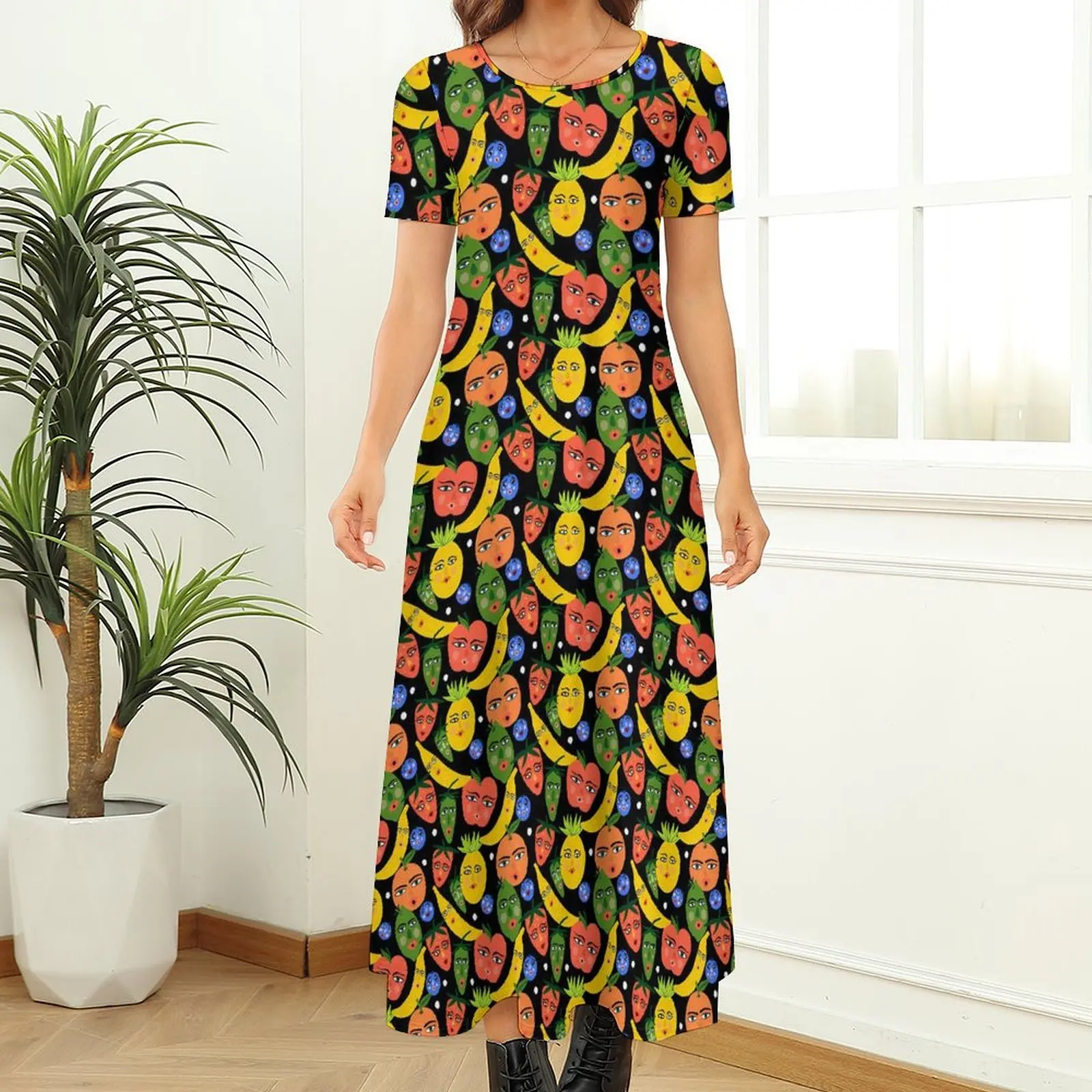 Fruit Print Dress Funny Fruit Salad Modern Maxi Dress Womens Short Sleeve Street Fashion Boho Beach Long Dresses Big Size 7XL