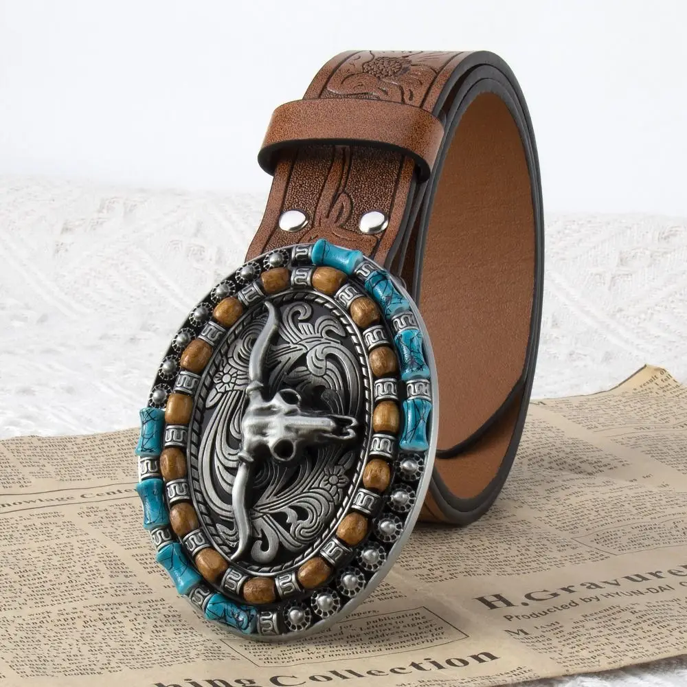 Trendy Carved Western Cowboy Belt Cow Head Buckle Vintage PU Leather Belt Retro Embossed Belt For Man Women