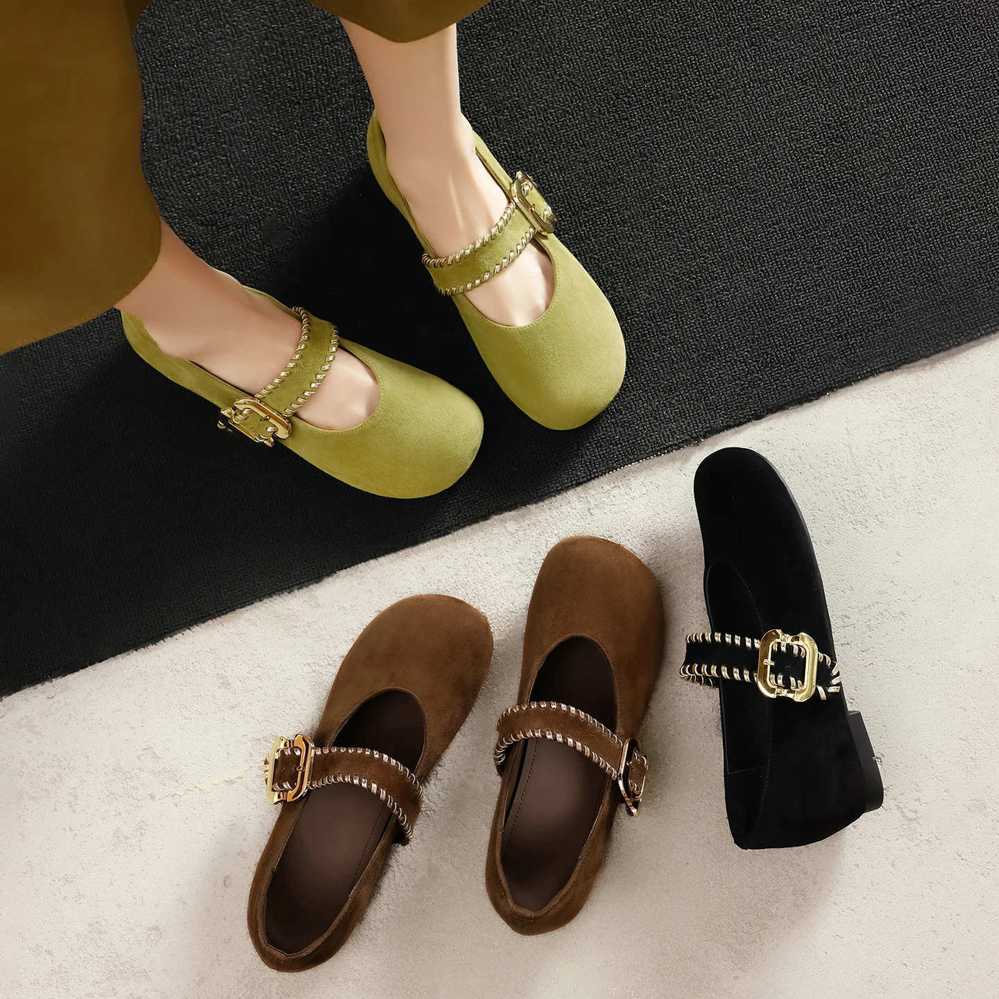 2026 new spring autumn women pumps natural leather 22-25cm kid suede+sheepskin round toe  buckle mary janes low heel women shoes