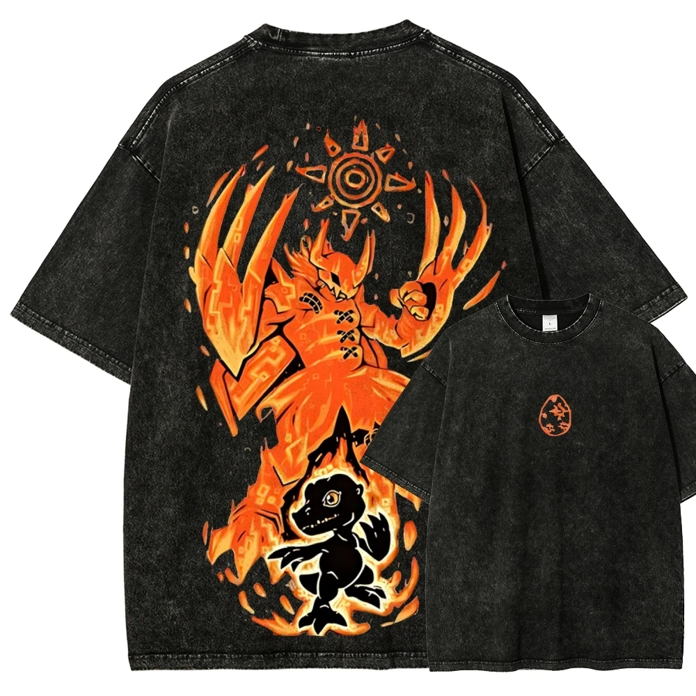 Seraphimon T-Shirt Herren Digimon Patamon Vintage Acid Wash Streetwear Übergroße Retro Japanische Anime Grafik Baumwoll-T-Shirts