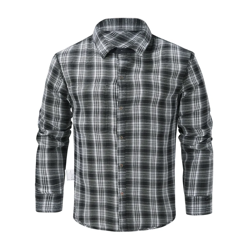 US Size Men\'s Retro Western Style Flannel Plaid Striped Shirt Business Hiking Tactical Hunting Fishing School Long Sleeve Shirt