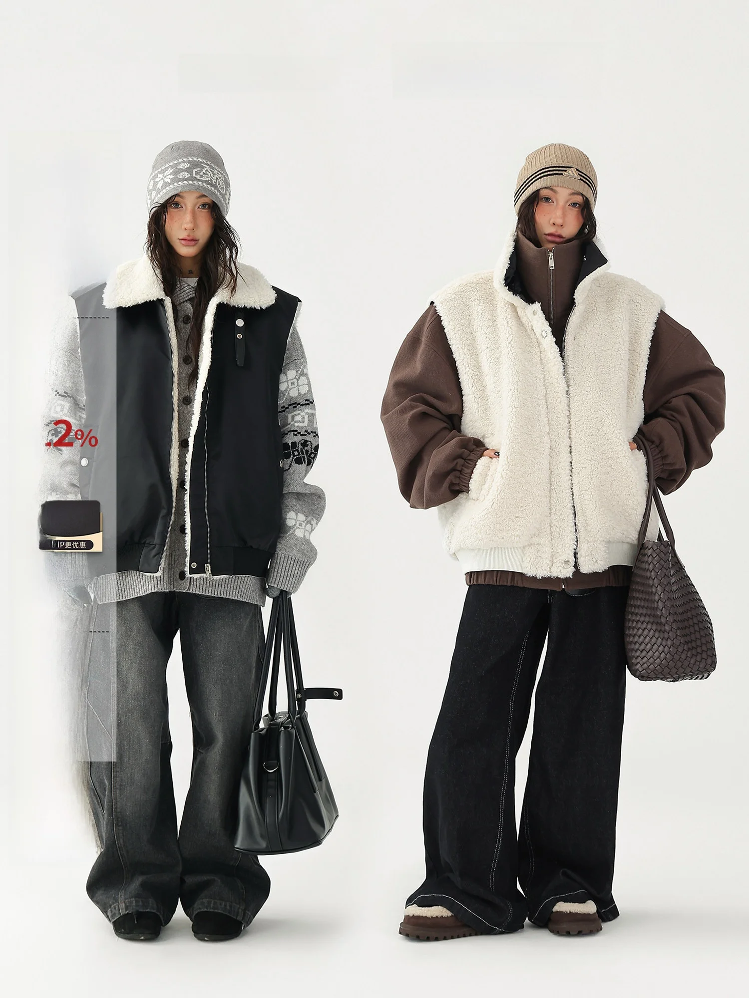 

Двусторонний жилет из овечьей шерсти с подкладкой, в американском ретро-стиле, женский, с застежкой-молнией, для повседневной носки...