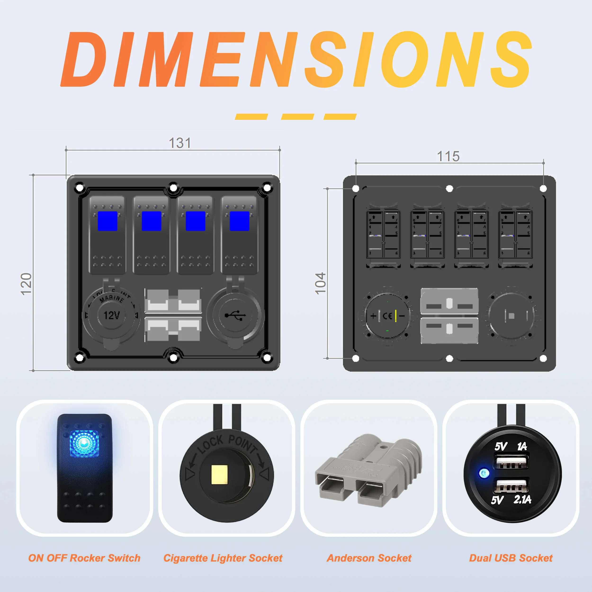 4 Gang ON Off Rocker Switch Panel with Dual USB Charger Cigarette Socket Overload Protection Blue Switch Panel For Cars RVs Boat