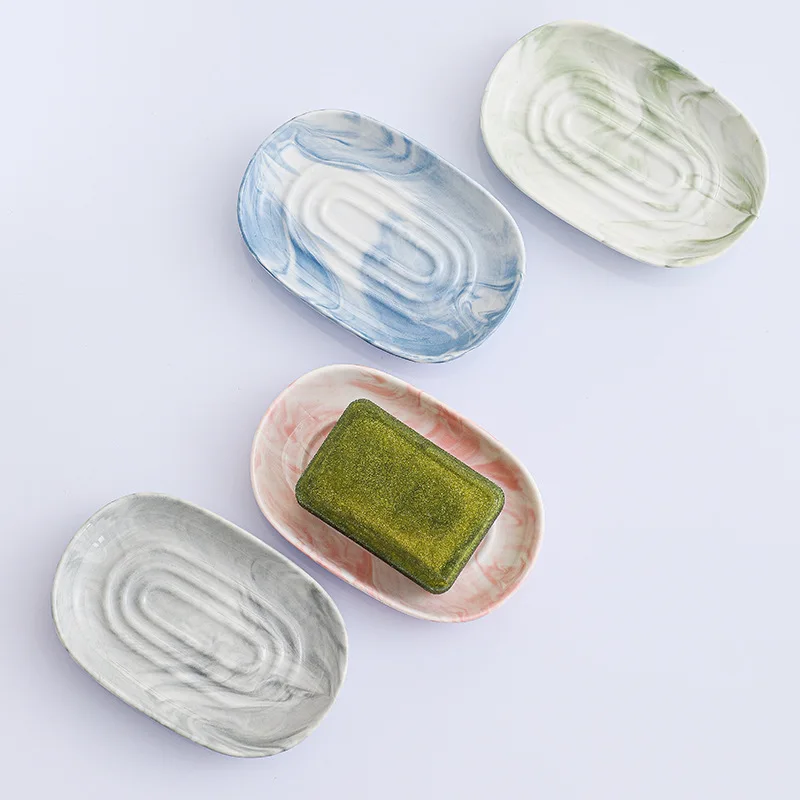 Ceramic Soap Box Household Sink Drain Soap Dish Elliptical Marble Pattern Portable Dishes