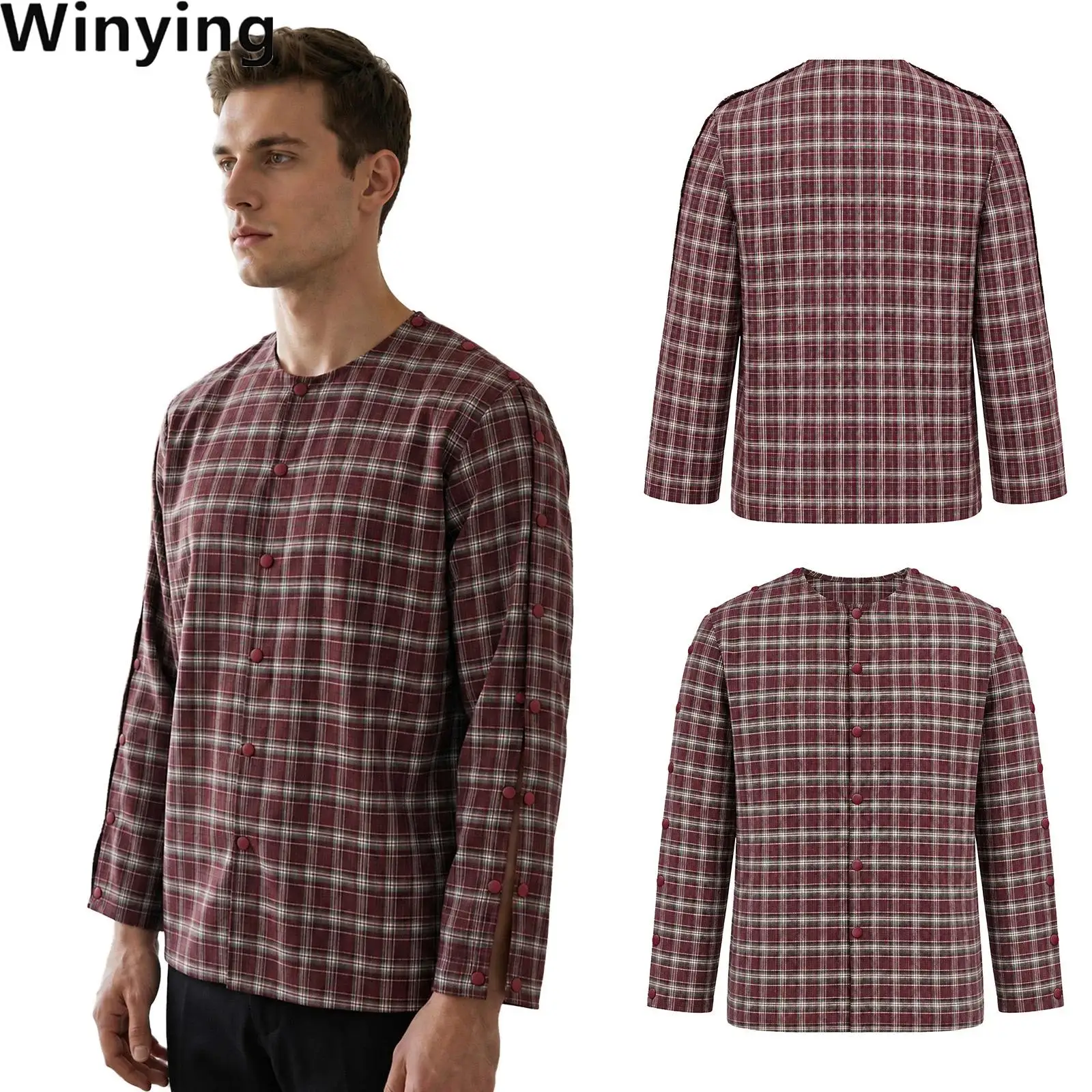 Men Post Fracture Surgery Adaptive Tops Long Sleeve Press Buttons Tear Away Recovery Shirt for Home Hospital Casual