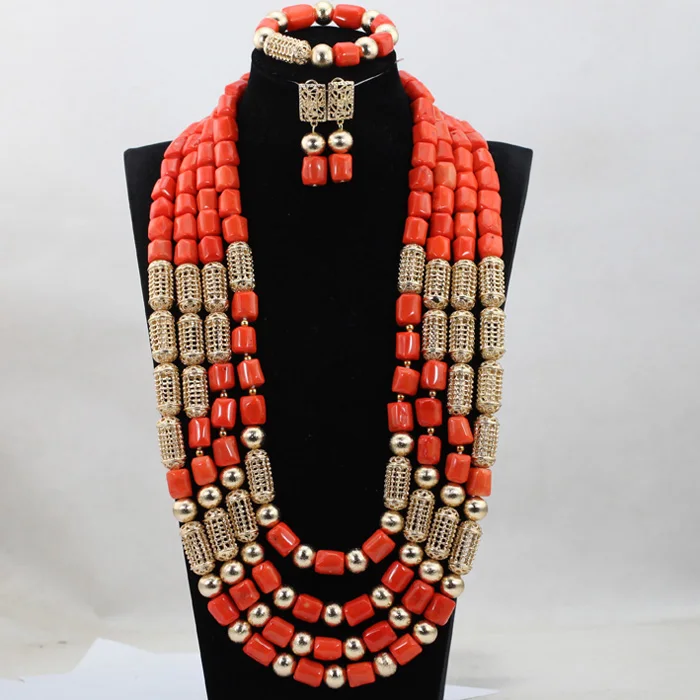 

African Coral Beads Jewelry Set Exclusive Long Coral Bridal Necklace Set 29inches Wedding