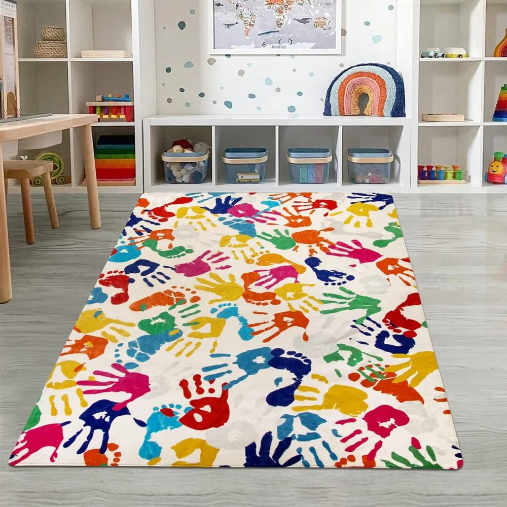 

STARUIA Handprints and Footprints Large Kids Rug 5'x7', Washable Colorful Area Rug for Nursery Room, Non-Slip Play Mat Ultra Sof