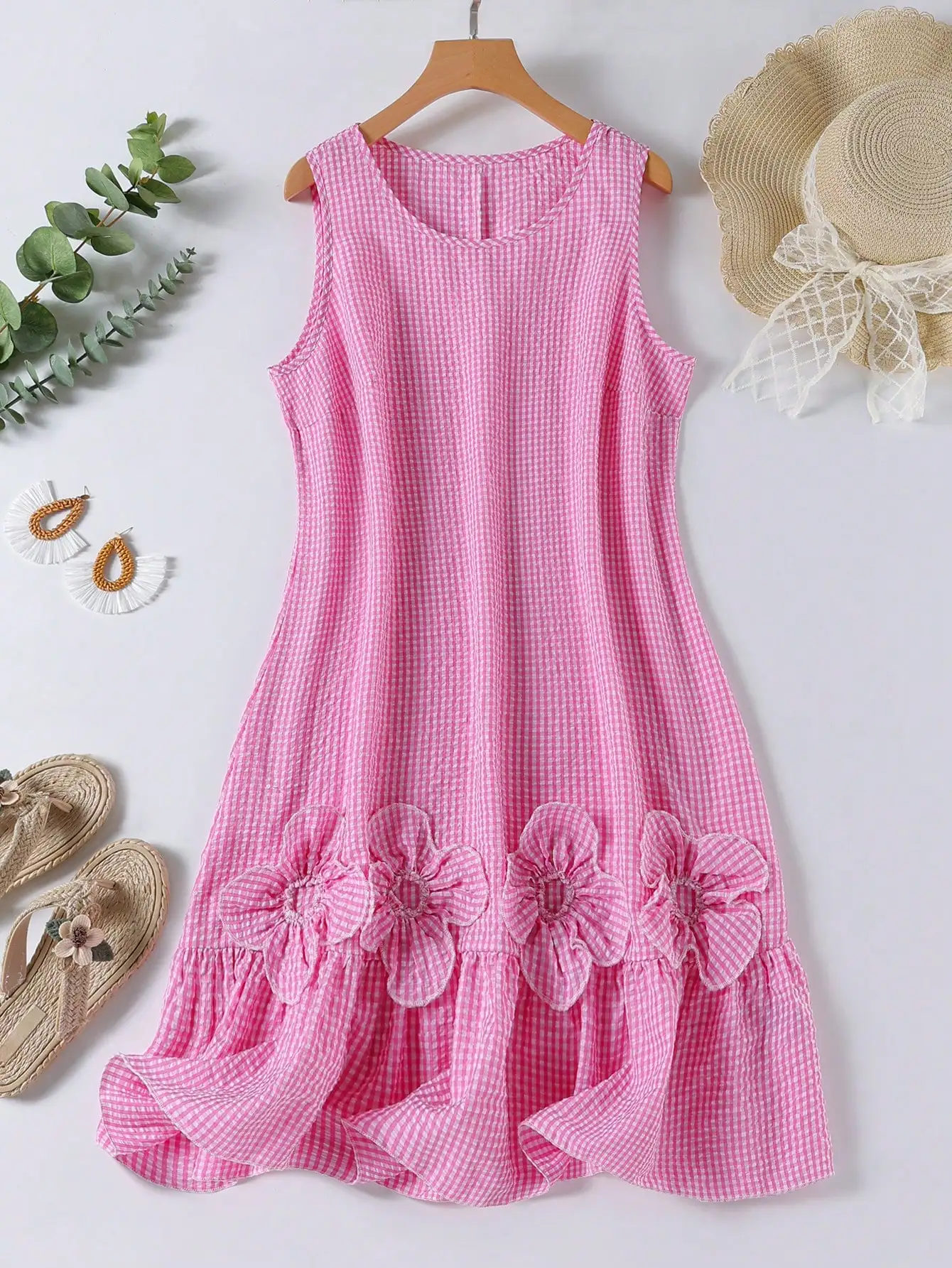 

Розовое платье без рукавов с круглым вырезом и цветочными аппликациями, летнее повседневное платье А-силуэта