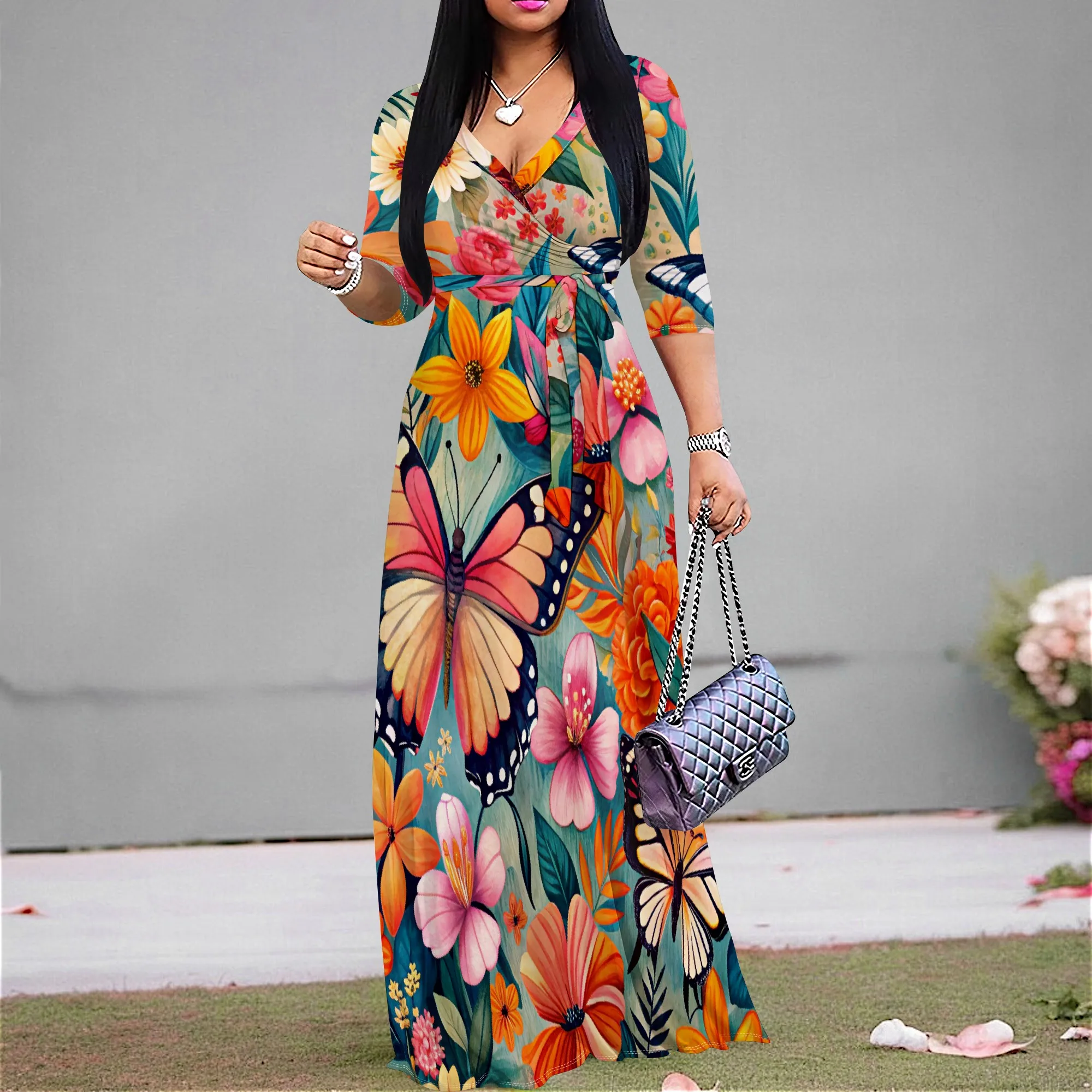 

Women's Floral Butterfly Print Maxi Dress Boho V-Neck Half Sleeve A-line Dress with Belt for Vacation Wear XS-3XL