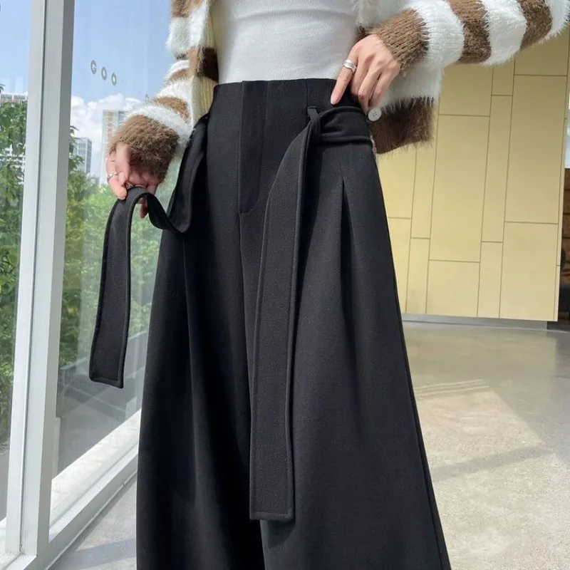 

New Design High-waisted Tweed Lace-up Pants Women Features Loose Wide-leg Slimming Drape Floor-length Casual Straight Leg Pants