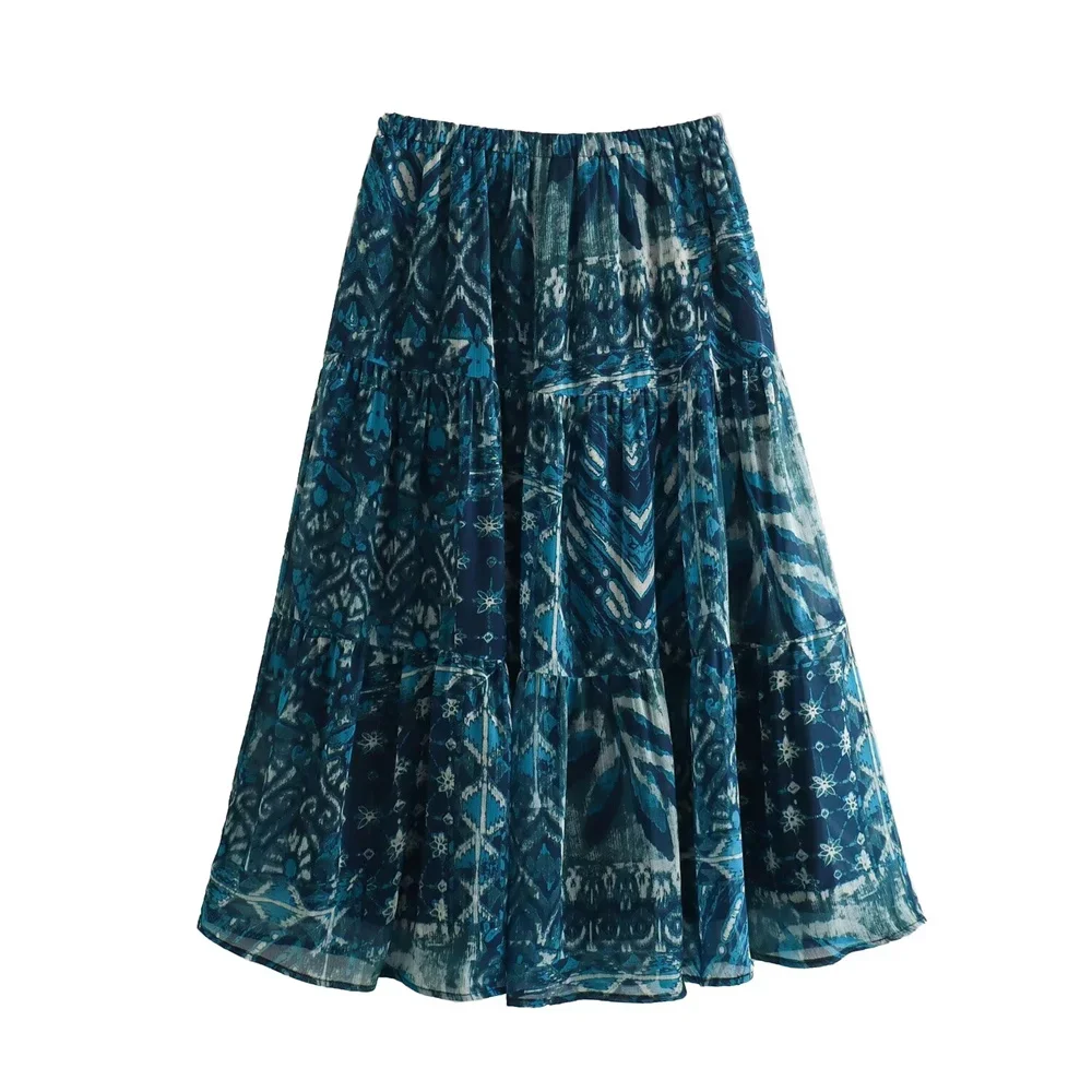 2025 printemps nouveau produit femmes mode décontracté col rond ample imprimé chemise imprimé cordon jupe ensemble