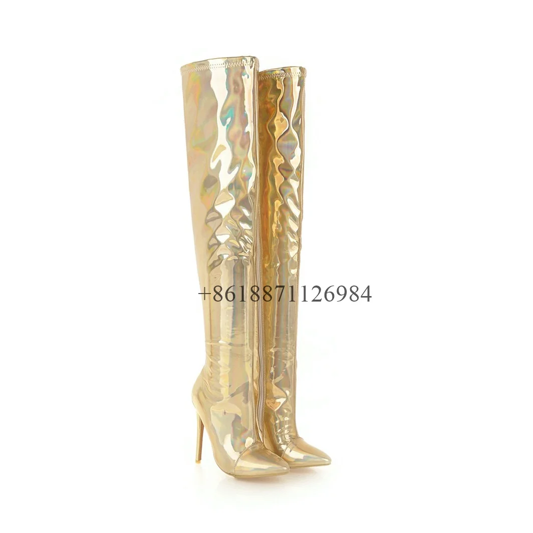 Sexy Style Laser Pointed Toe Over The Knee Women Boots Stiletto High Heels Side Zipper Design Large Size Fashion Shoes