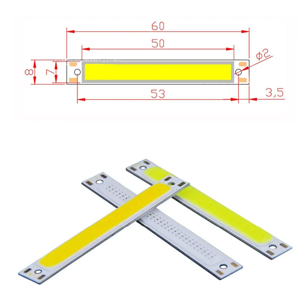 10 sztuk/partia 3W taśma LED COB 8x60mm listwa świetlna LED DC 3V ciepły/zimny biały/niebieski/czerwony źródło Chip 180° Oświetlenie do lampy DIY