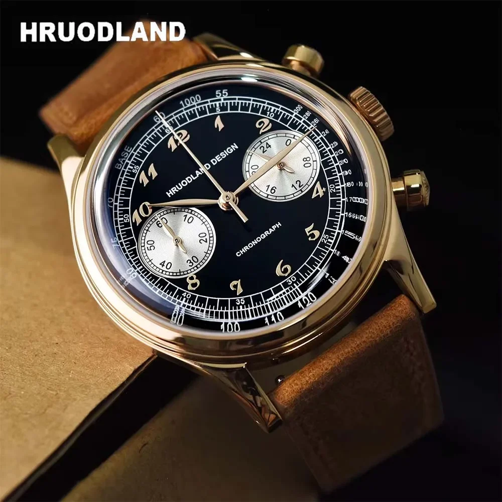 Hruodland Retro Fashion Rose Gold Men Quartz Chronograph watch VK64 Sapphire Stainless Steel Leather waterproof watches for men