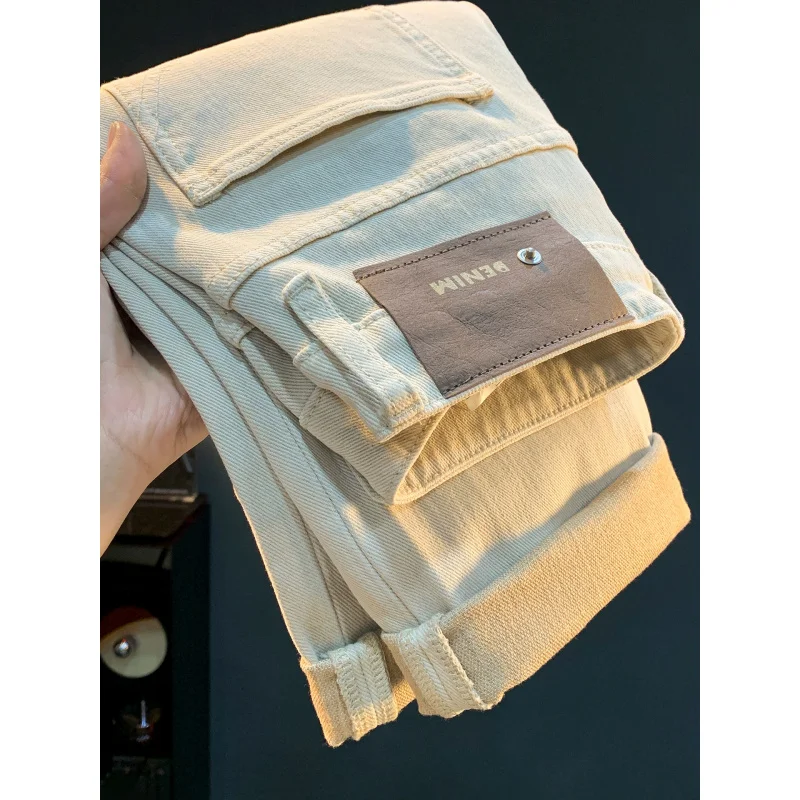 ライスアプリコット色のルーズストレートジーンズ、大きいサイズ、カジュアルでシンプル、2025年秋トレンド、万能パンツ、メンズ快適C