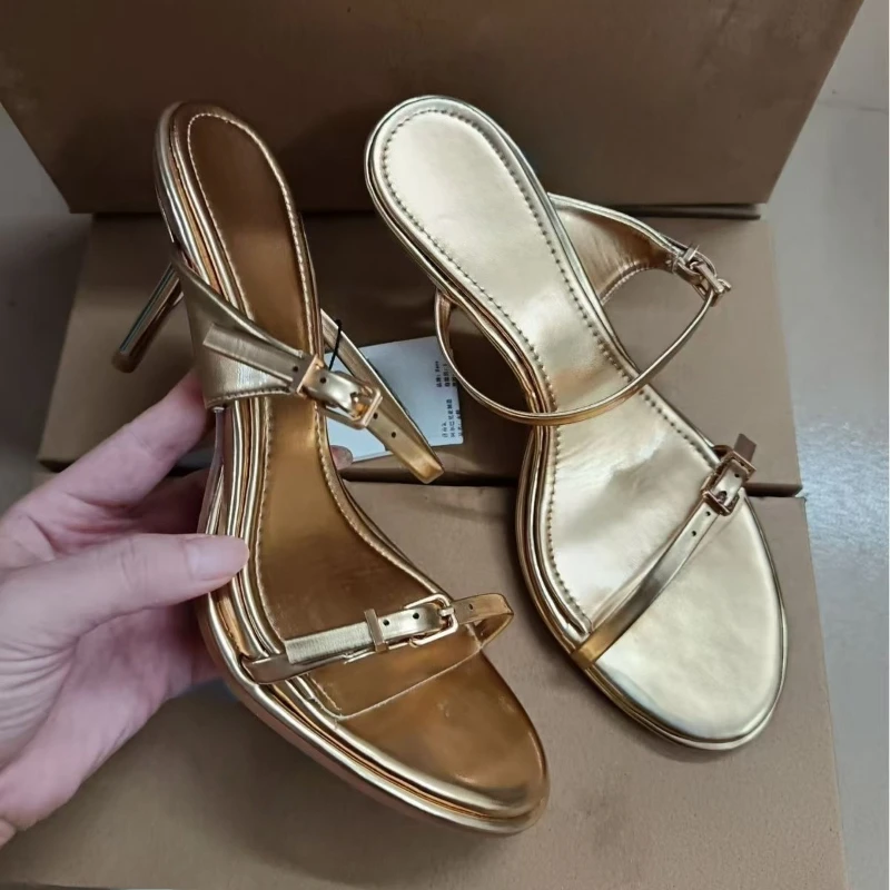 Women's Elegant Gold Metallic Strappy Stiletto High Heel Sandals Ankle Buckle Strap Minimalist Open Toe Party Dress Summer 2026 image 4