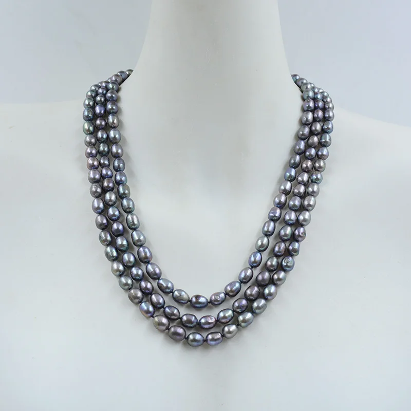 

Fashion classic! 3 rows 7MM natural cultured black pearl necklace. European Women Wedding Party Gift Jewelry