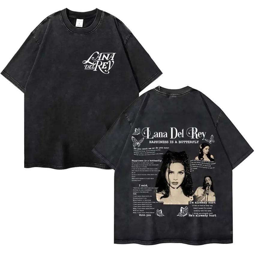 

Lana Del Rey Vintage Washed T Shirt Happiness Is A Butterfly Music Album Print T-shirts Mens Women Hip Hop Short Sleeve T Shirts