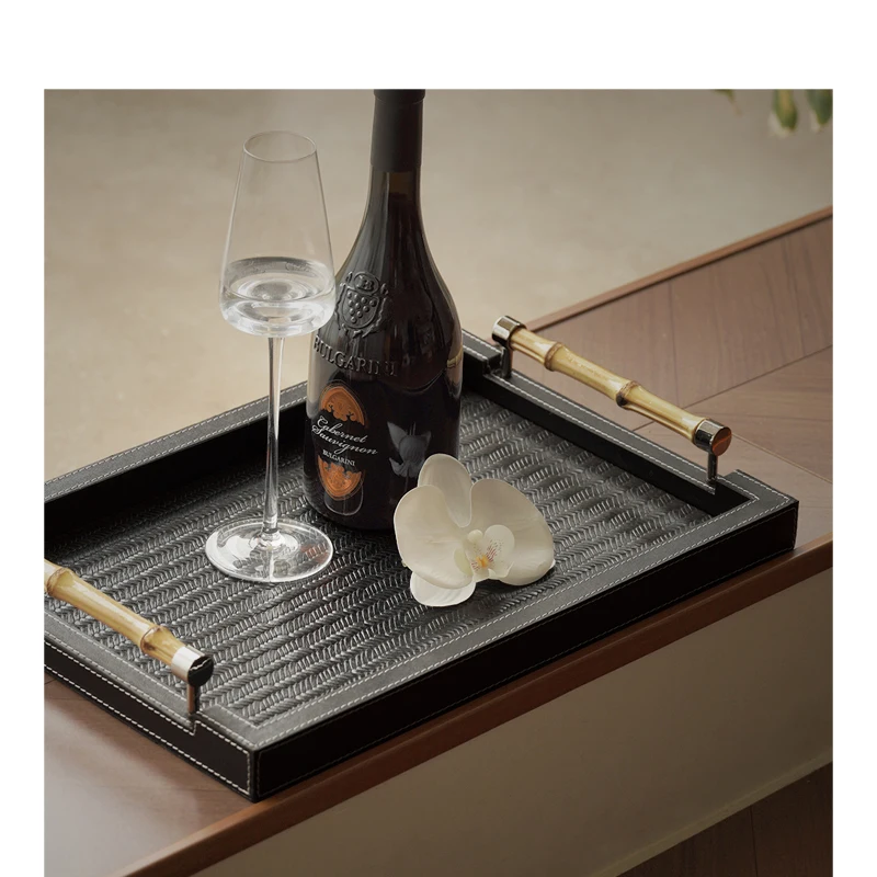 High end leather jewelry storage tray aromatherapy entrance French wooden handle living room desktop rectangular storage