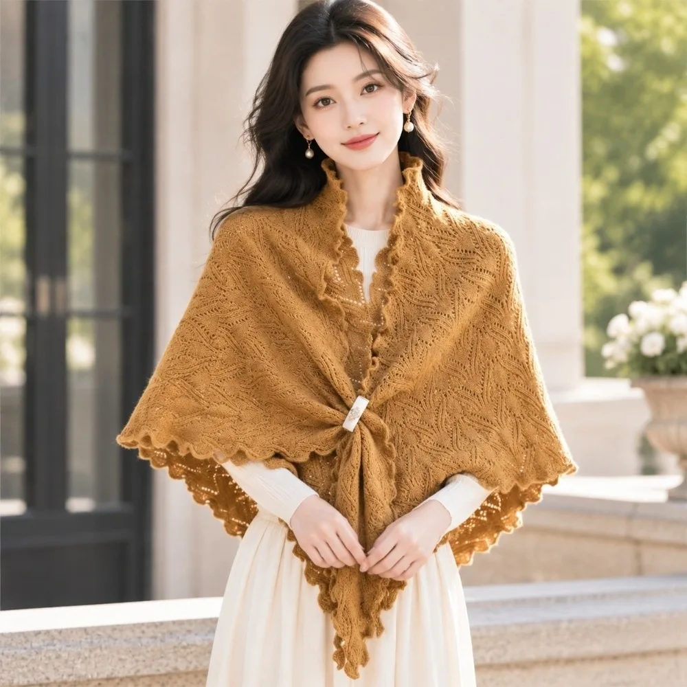 Elegant Solid Color Women Scarf Wool Blend Soft Knitted Shawl Knitted Fabric Wool Bandana Party Occasion