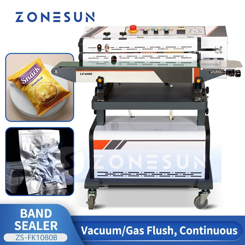 ZONESUN Horizontal Continuous Band Sealer Vacuum Sealing Machine Gas Flush Dry Ink Coding PE PP Aluminum Foil Bags ZS-FK1080B