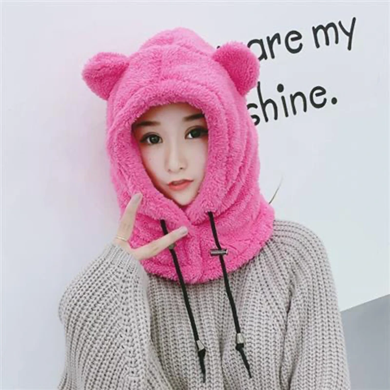 Children Adult Hat Scarf In One Plush Thickening Kids Winter Warm Parent-Child Cartoon Windproof Ear Protection Girls Boys Cap