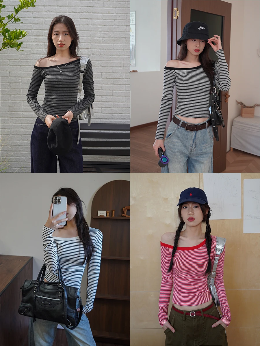 

Простая красная/серая/черная полосатая футболка с длинным рукавом, женская облегающая осенняя трикотажная рубашка на одно плечо, базовый женский топ