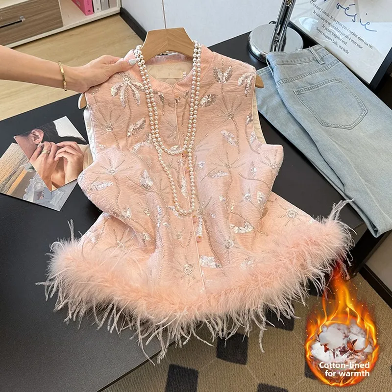 

New Chinese Sle National Trend 3D iny Heavy Embroidery Stand Collar Cotton Inter Thiened Button Bal Vest