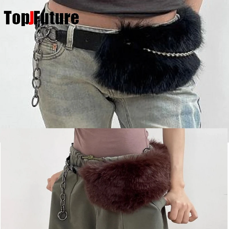 Harajuku Steampunk Women's Y2K The Spice Girl pearl Plush American Vintage Dark Furry belt Concave shaped decorative waist chain