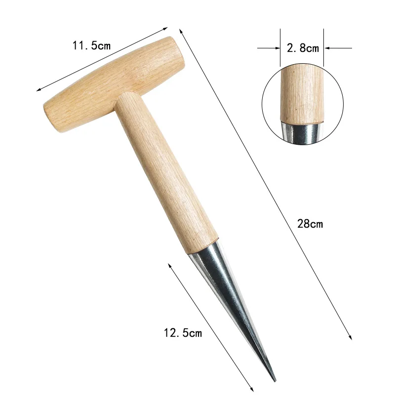 T Shaped Garden Hole Puncher Multi Function Fertilizing and Sowing Tool with Wooden Handle Seedling Transplant and Planting Kit