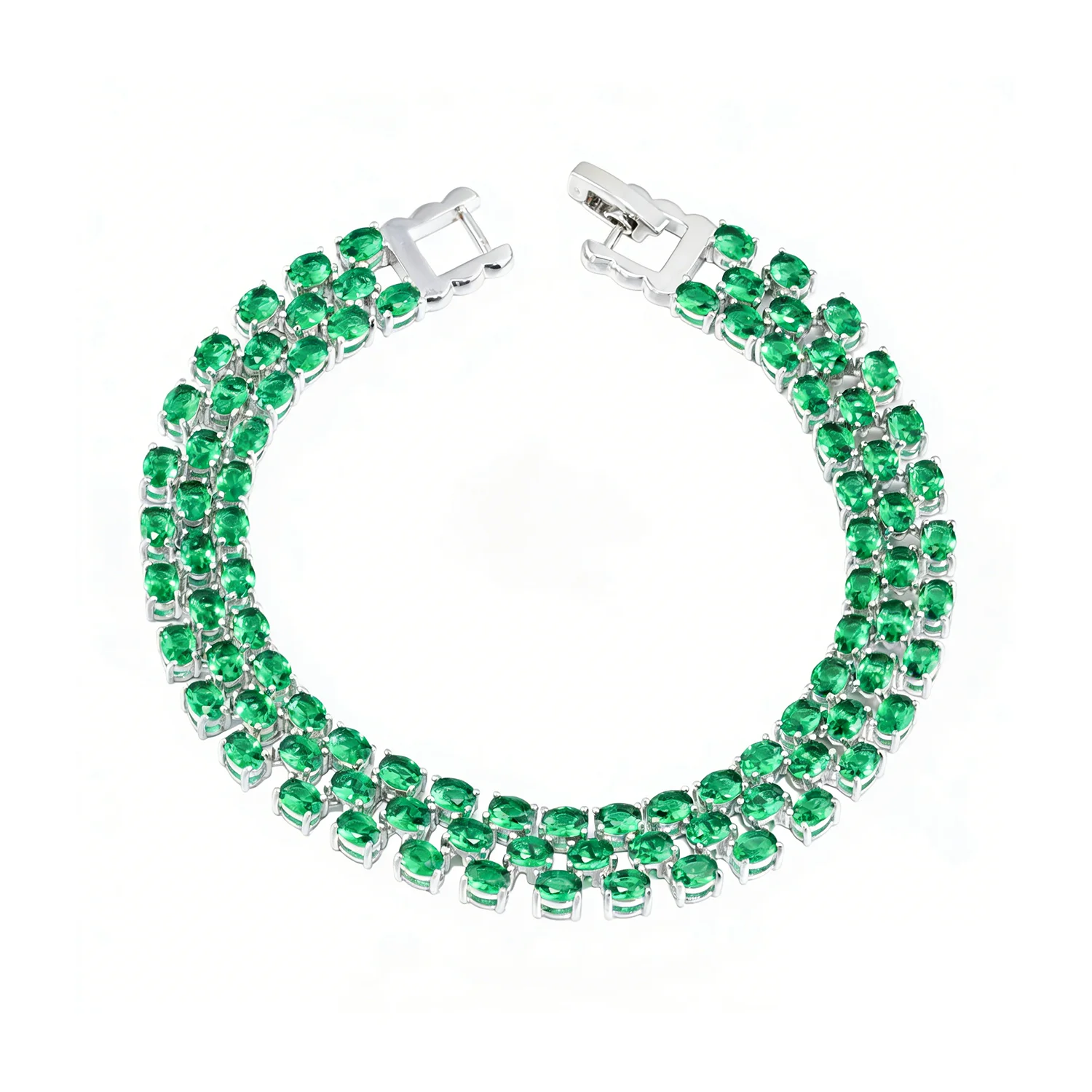Perfect for Wedding & Evening Party Gift for Her Luxury Double Layer Green Zircon Bracelet Silver Color Oval Cut Emerald Effect