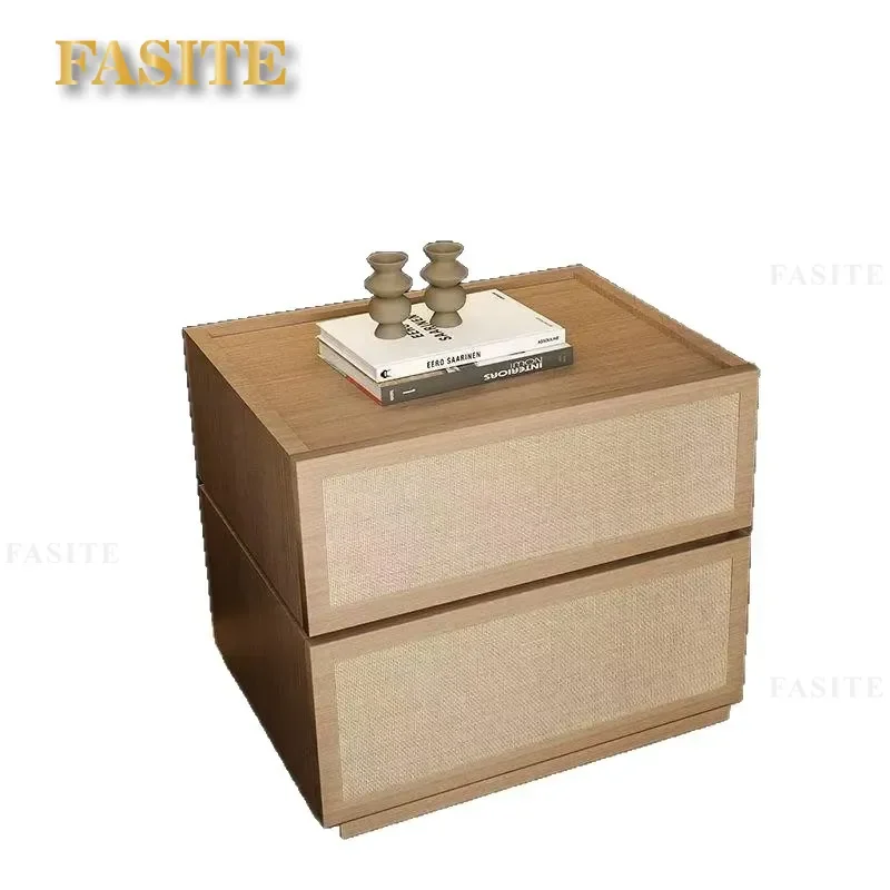 For Nordic Solid Wood Bedside Table Japanese Log Style Simple Senior Bedroom Household Linen Rattan Nightstand Storage