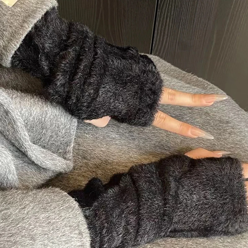Guantes de medio dedo de felpa suave para mujer, calentadores de muñeca de manga larga con forro térmico, pantalla táctil cálida para invierno, Compatible con ciclismo