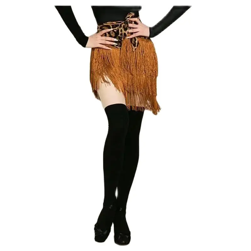 Latin Dance Skirt Leopard Print for Women Glitter Twinkle Fringe Wrap Skirt for Satge Performance Ballroom Costume Rave Party