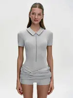 GACVGA Short Sleeve Zipper Sports Bodysuit Women Rompers Summer Casual Draped Ruched Slim Fit Fitness Bodysuits Female 5