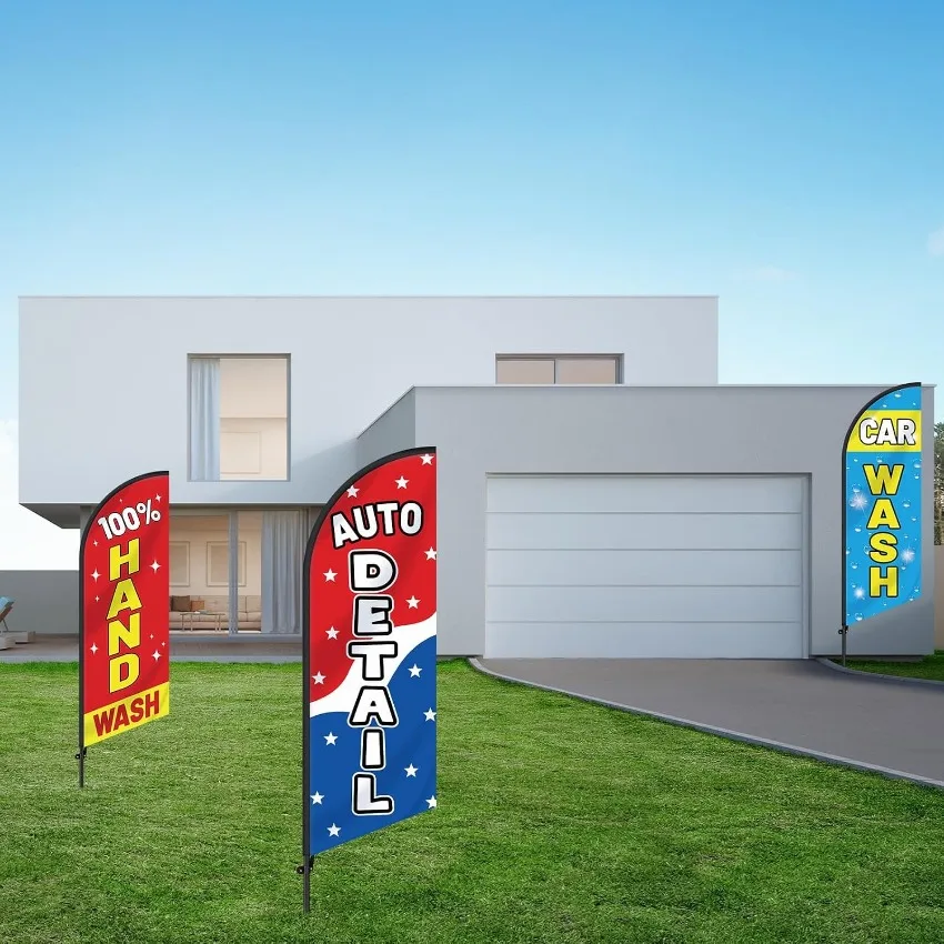 Car Wash Feather Flags 3 Pcs, Auto Detail Hand Wash Advertising Banners for Outdoor Business Promotion, Flag Only