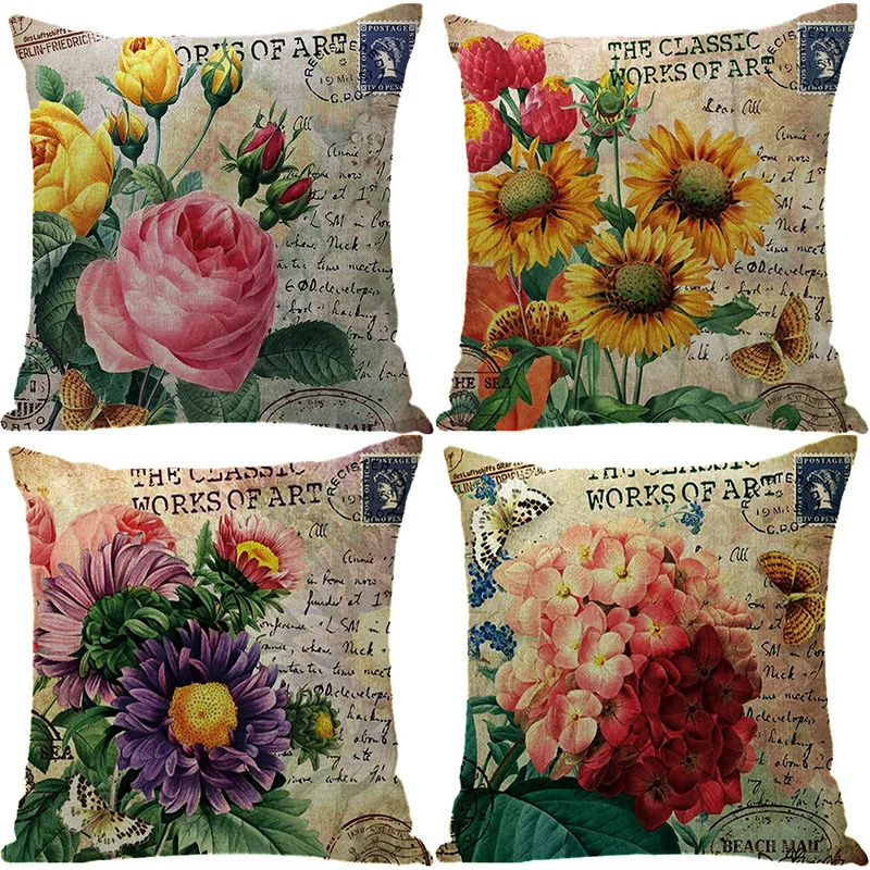 

Retro Bucolic Floral Cushion Cover Sunflower Rose Chrysanthemum Hydrangea Pillowcase Home Sofa Seat Car Decorative Pillow Cover