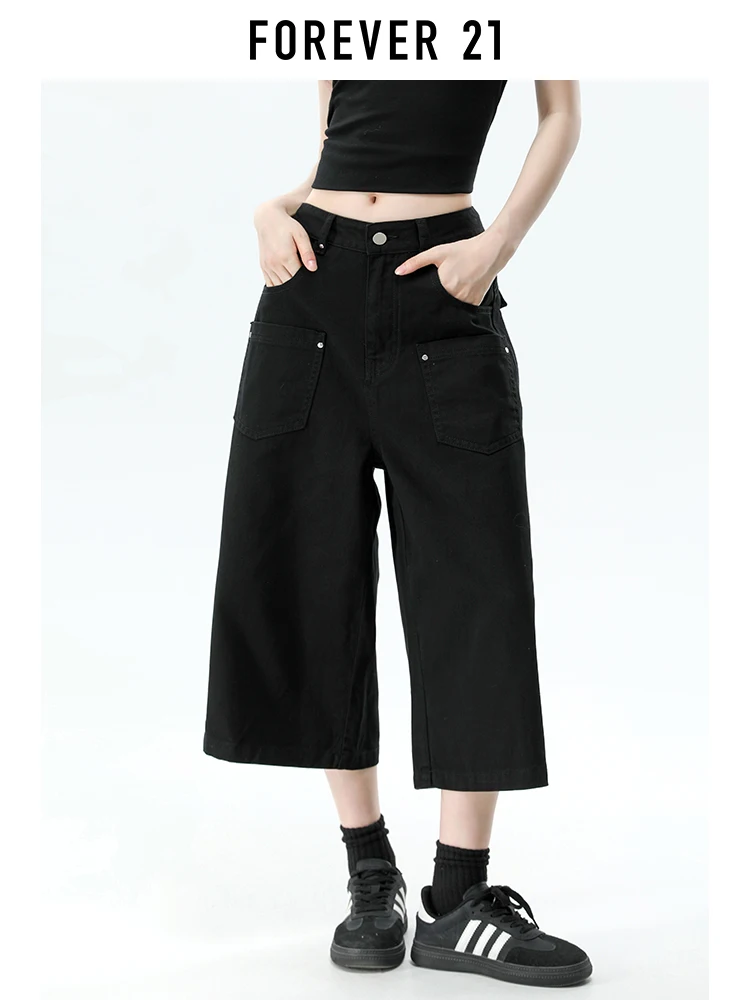 Calça Jeans Feminina Forever 21 Estilo Americano com Múltiplos Bolsos, Preta, Perna Reta, Comprimento 7/8, Nova Coleção de Verão, Solta e Modeladora, Calça de Cintura Média