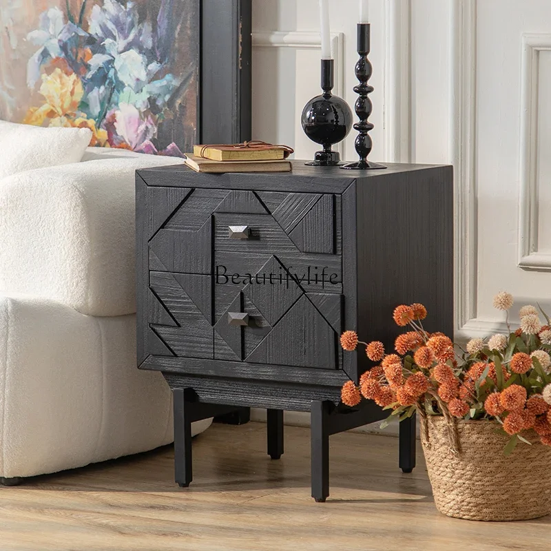 ls 51Französischer Retro-Nachttisch aus Massivholz mit Schubladen und Aufbewahrungsschrank