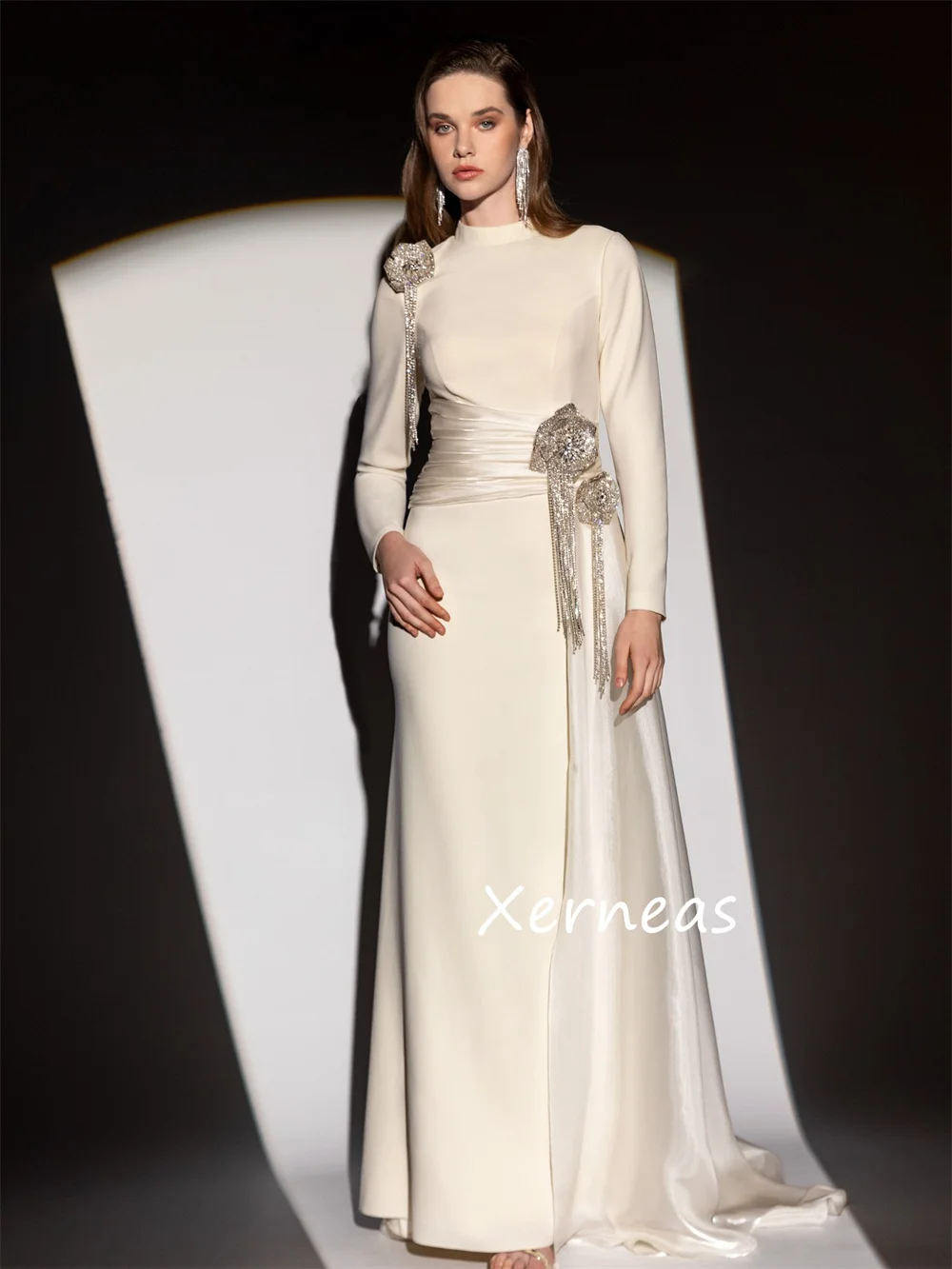 Customized Modern Style Jersey Pleat Flower Sequined Trumpet High Collar Long Dresses Bespoke Occasion Party Sizes Available image 5