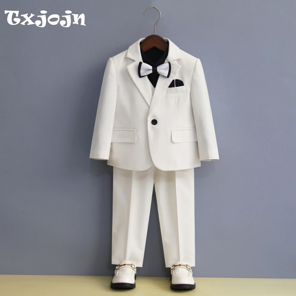 Fast Delivery Kids Formal Suits 4 Pieces Jacket Vest Pants Bow-tie Host Costumes Classic One Button Boys Suit Set 90-170cm