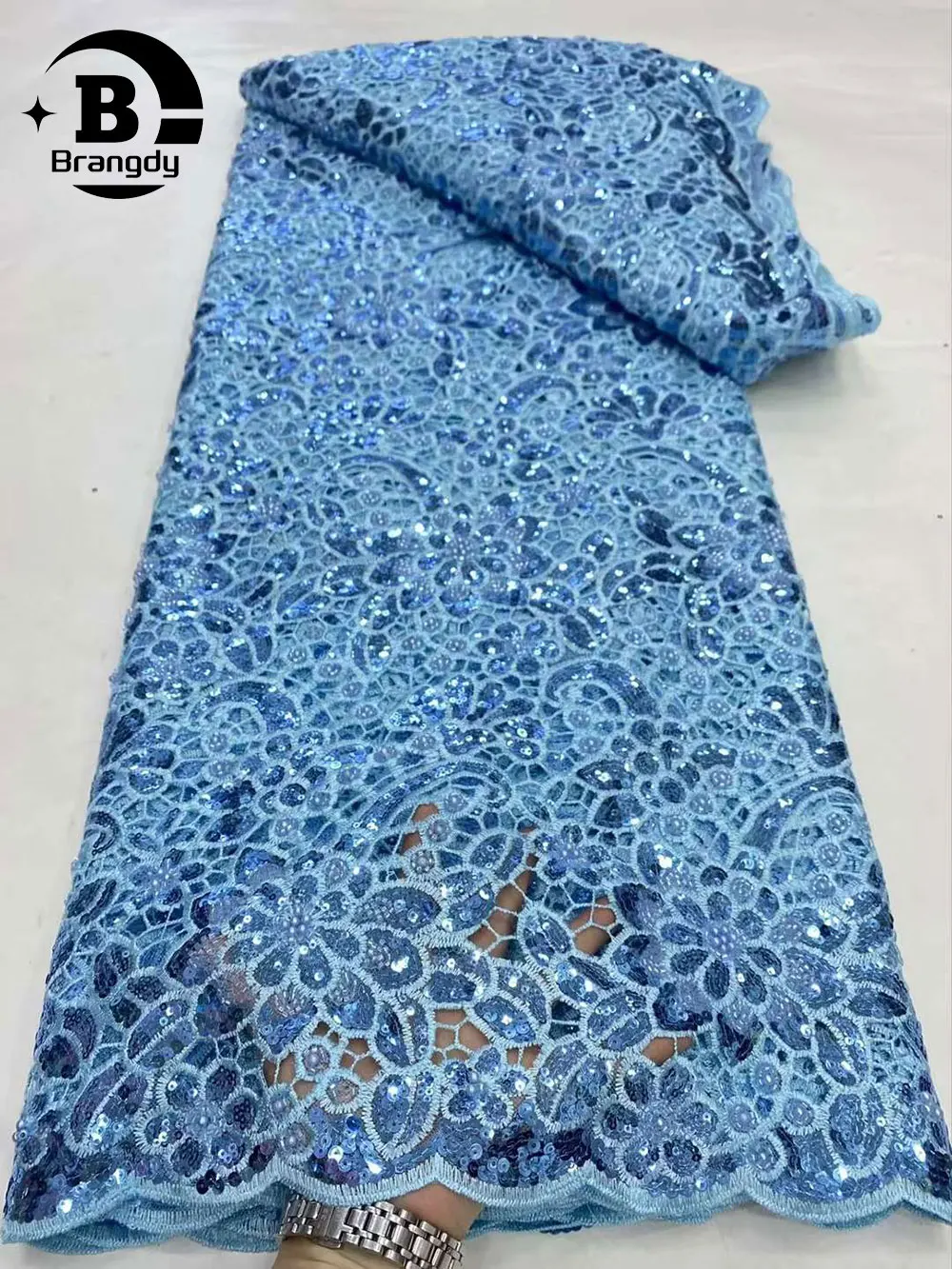 

Brangdy Nigerian Guipure Cord Lace Fabric Cotton Fabric With Sequins African Lace Fabric High Quality 5 yards For Party Dress