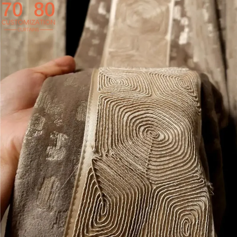 Luxury Gold Gilt Cut Velvet Jacquard Mosaic Curtains for Living Room Bedroom French Window Customized Villa Embroidery Lace